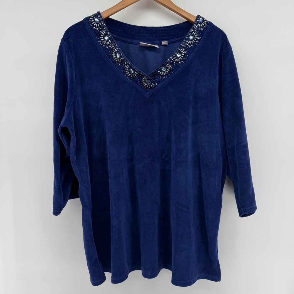 Quacker Factory Royal Blue Velour Embellished V-Neck Top Plus Size 1X